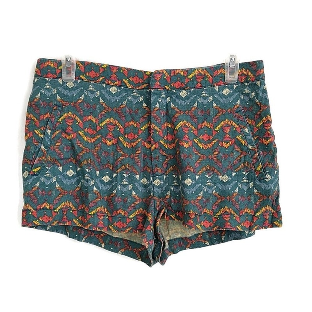 Free People Shorts Women 4 Teal Orange Geometric Ikat Linen Blend High Rise 1in